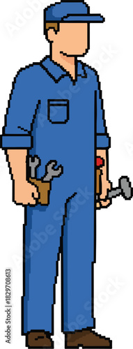 Pixel art illustration of a male mechanic wearing blue overalls and cap, holding tools like a wrench and hammer