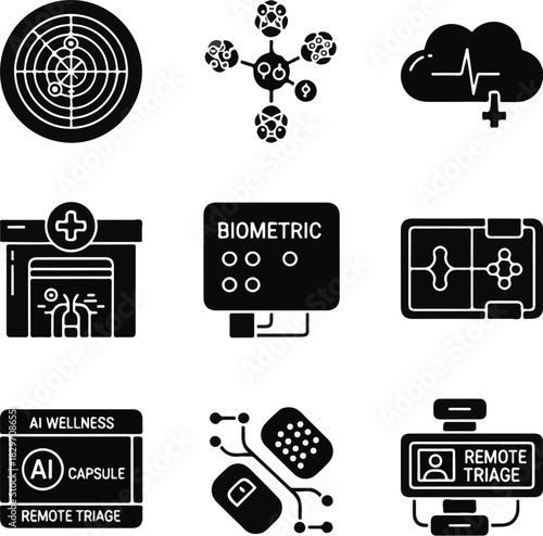 Medical and healthcare icons. Vector illustration of AI wellness, biometric, remote triage, and medical technology symbols. Black icons on white background. Healthcare and medical technology icons