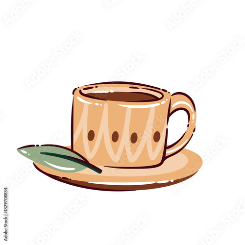 Tea cup on saucer with warm patterned surface and small green leaf accent in gentle doodle style. Cozy drink illustration with smooth rounded shapes and soft highlights, vector illustration.