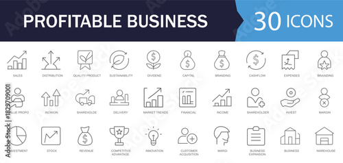 Profitable Business Line Icons Set. Features icons of asset, chart, deal, diagram, efficiency, equity, expense and Invest. Perfect for business reports, and corporate strategy.