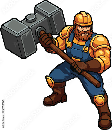 A strong, muscular construction worker holding a large sledgehammer, ready for demolition work or heavy lifting. This illustration depicts a powerful figure in work clothes