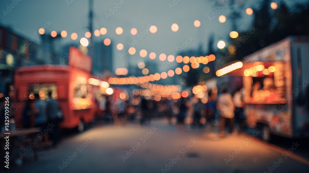 Fototapeta premium Blurred outdoor night market with colorful string lights and food stands