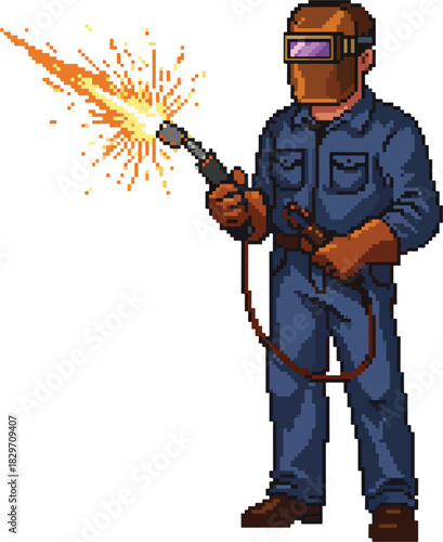 Pixel art illustration of a welder working with a torch, producing sparks