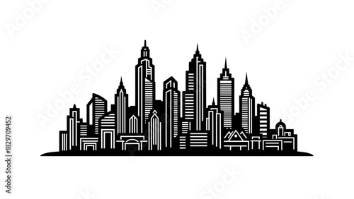 Monochrome Cityscape Illustration of a Bustling Metropolis with Towering Skyscrapers