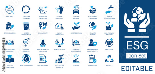 ESG and Sustainability solid icon set. Featuring Net Zero, Circular Economy, Diversity, Carbon Footprint, and Corporate Governance. Flat vector design for eco-friendly and green energy presentations.