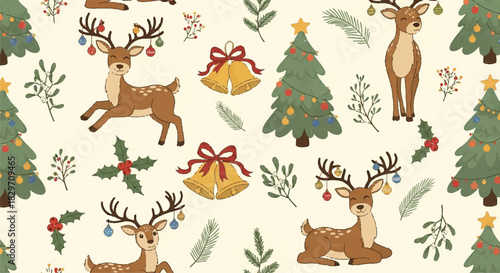Christmas Reindeer and Festive Decorations Seamless Pattern.