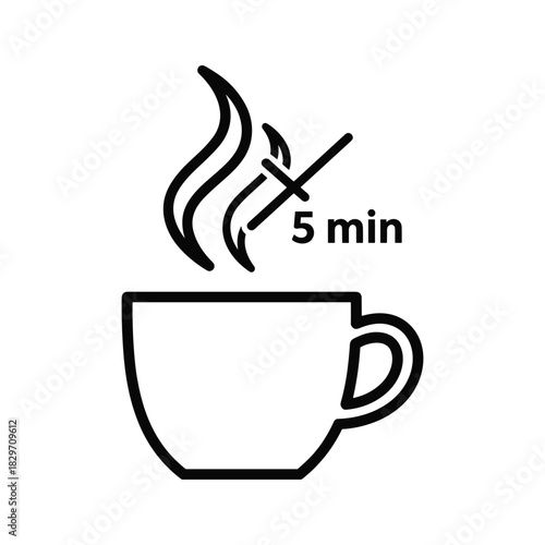 Hot drink cup with steam and 5 minute wait time icon, isolated on