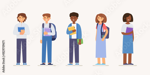 Diverse group of students holding books and wearing backpacks illustration