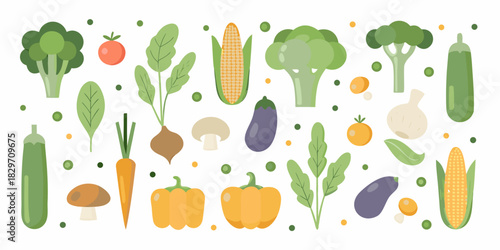 Flat vector illustration of various fresh vegetables on a white background