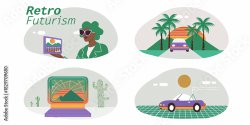 Retro futurism illustration with woman cars palm trees and vintage computer