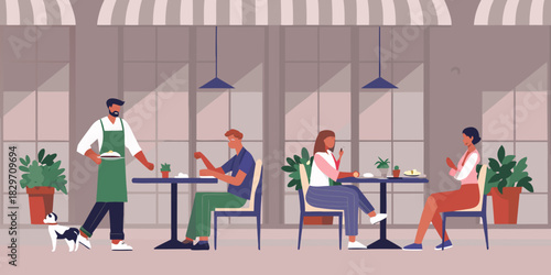 People dining at an outdoor cafe with a waiter and dog