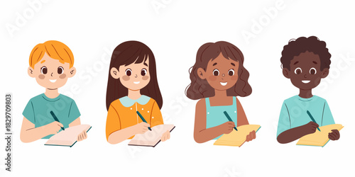 Diverse group of children writing in notebooks cartoon style illustration