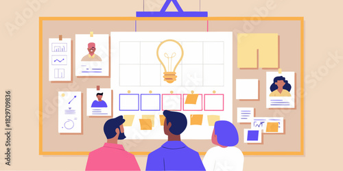 Team brainstorming session with idea generation and project planning on a bulletin board