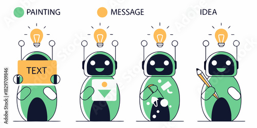 Robots illustrating painting messaging and idea generation concepts on a white background
