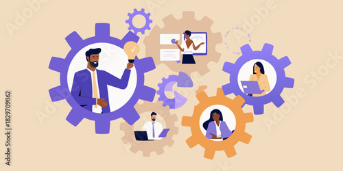 Business teamwork and collaboration with diverse professionals working together in gears