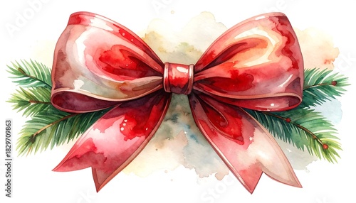 Watercolor drawing of a large, red-pink bow with evergreen sprigs behind it against a soft watercolor background