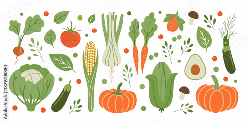 Colorful fresh vegetables and fruits illustration on white background