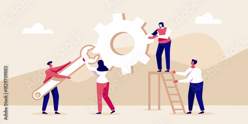 Teamwork illustration of people working together to solve a problem