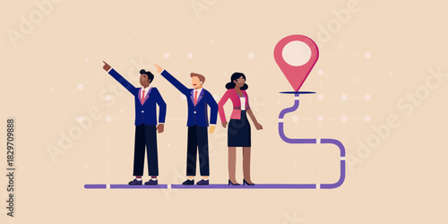 Business team following a path to success with a destination point