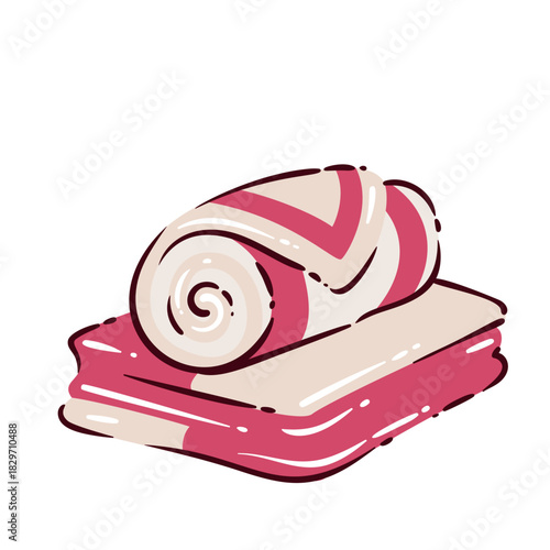 Spa towels with folded base cloth and rolled striped towel on top, soft rounded shapes and warm tones in cartoon style. Relaxing bath textile drawing with smooth forms, vector illustration