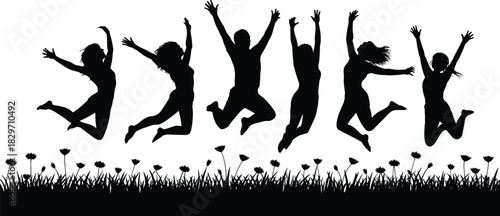 Silhouette of people jumping in air with joy, in nature field, celebrating friendship, fun, freedom, youth, happiness, motion, unity