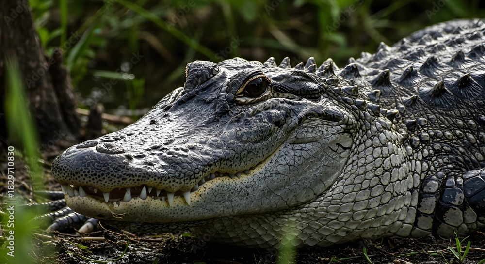 Obraz premium Close-up of a fearsome reptile with rough, armored skin and sharp teeth in a lush, green marsh