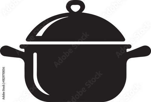 Cooking pot vector icon with lid and handles isolated on a black background for kitchen and culinary themes