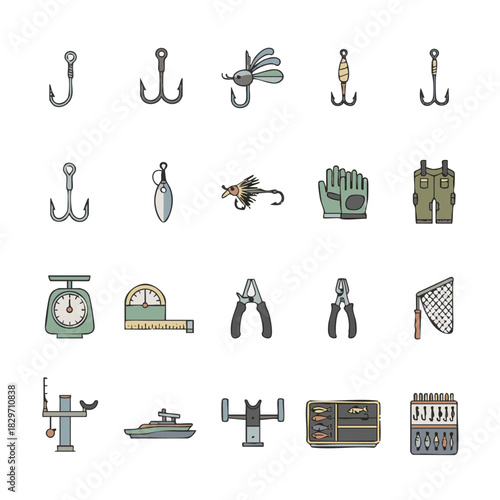 Minimal flat vector set of 15 fishing gear icons including rod, reel, hook, float, sinker, lure, net and tackle box in clean geometric style on a white background for outdoor sport 