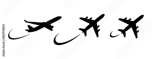 Three black airplane silhouettes with dynamic motion trails, symbolizing international travel, aviation, and the excitement of a new journey or vacation experience.
