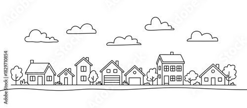 Hand drawn line art illustration of a charming suburban neighborhood street with various houses, trees, and clouds, suitable for real estate