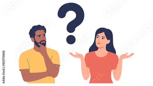 Diverse man and woman looking puzzled with a question mark, symbolizing confusion, doubt, inquiry, solution seeking, problem-solving, and decision.