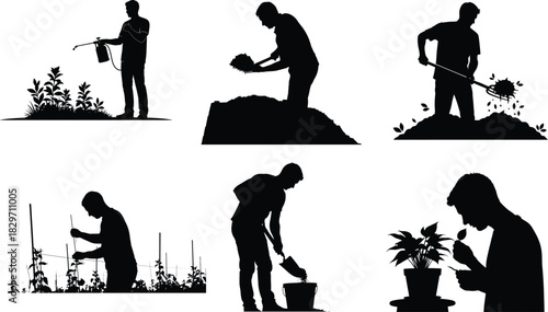 Silhouette set of people gardening and planting flowers in various poses