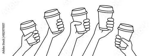 Line art illustration of hands holding disposable coffee cups in a toast, symbolizing celebration, unity, coffee break, camaraderie, and shared joy.