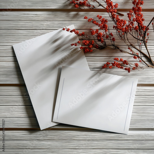 White letter sheet and envelope mockup on wooden background with red dried flowers, natural light and shadow create calm, elegant atmosphere