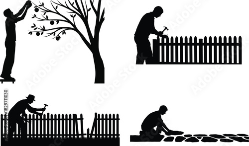 Silhouetted man engaged in various home improvement and gardening activities