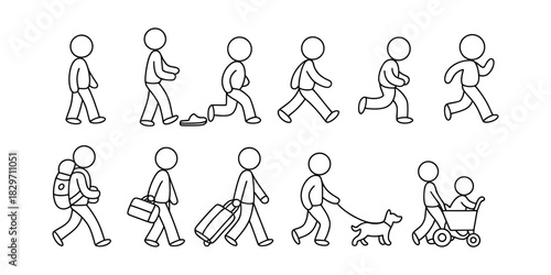 Simple stick figure icons depicting various human actions and daily movements like walking, running, carrying luggage, pushing stroller, and walking a dog, line art illustration set