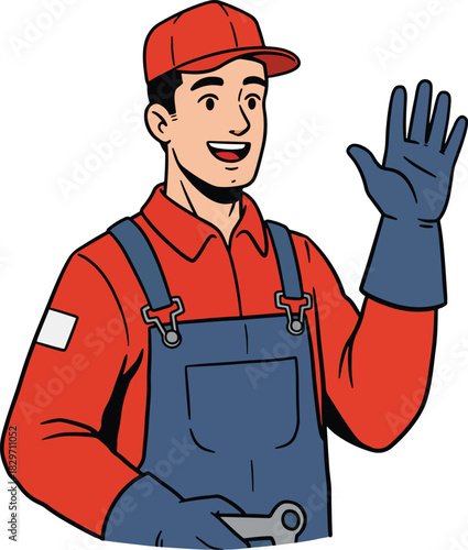 A friendly mechanic wearing a red cap and blue overalls, waving with a smile while holding a wrench