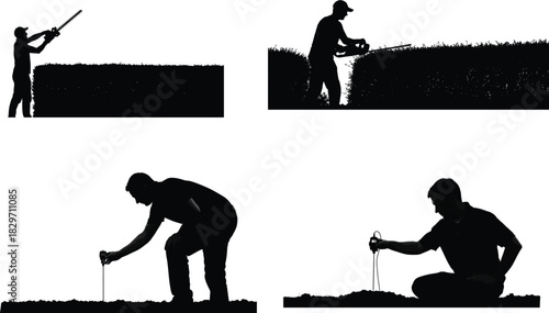 Silhouette collection of gardeners pruning hedges and planting seedlings