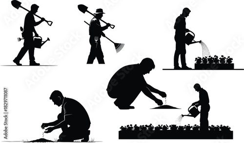 Silhouetted gardeners working with tools and plants in various poses