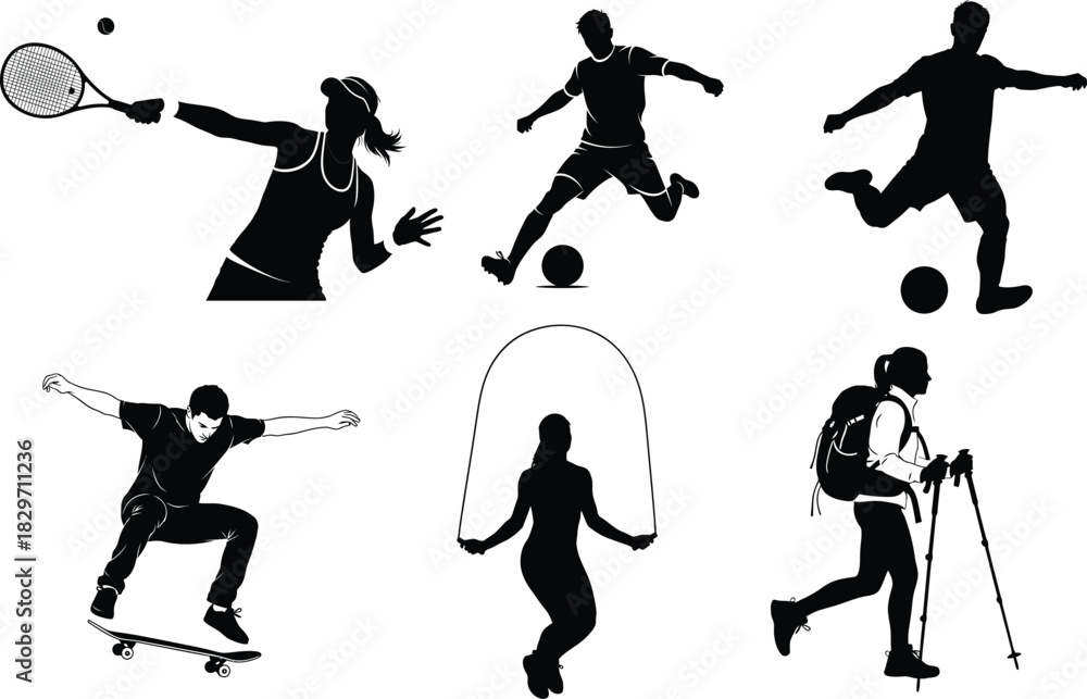 Obraz premium Diverse sports silhouettes tennis soccer skateboarding skipping and hiking