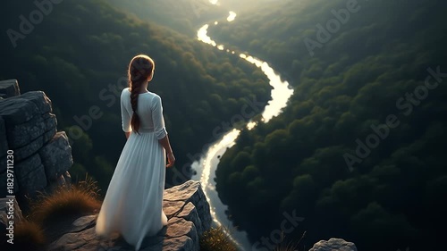 Woman in White Dress Overlooking Scenic Mountain Valley at Sunrise.