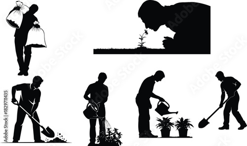 Silhouette set of people gardening and planting flowers in various poses