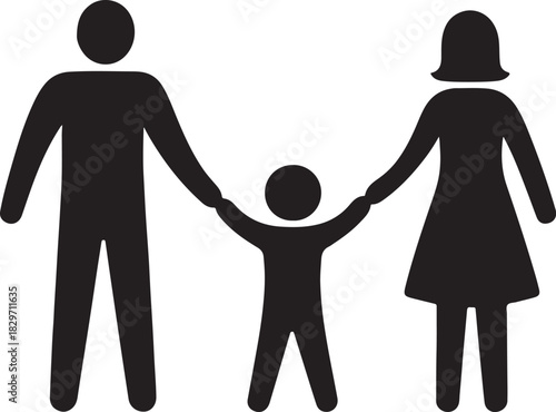 A family of three holding hands together happily Iconic representation clean silhouette vector illustration