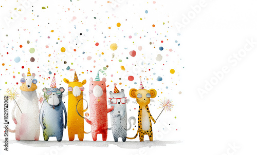 Watercolor Illustration of Cute Animals with Balloons and Party Hats on White Background New Year 2026
