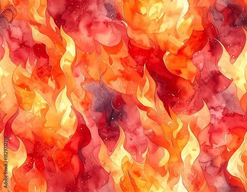Watercolor fire effect. Red, orange, and yellow hues intermix in a swirling, fiery, abstract composition