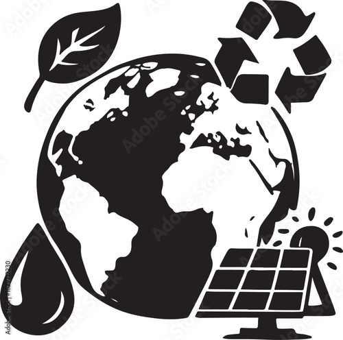 Monochrome stylized earth globe continents and environmental awareness concept silhouette vector illustration