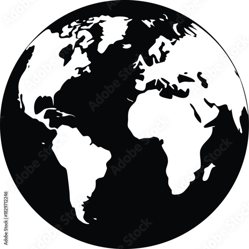 Monochrome stylized earth globe continents and environmental awareness concept clean silhouette vector illustration