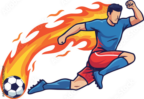 Dynamic Soccer Player Kicking Ball with Intense Fire Effect Vector Art