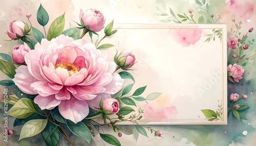 Watercolor floral frame with large pink peony and greenery on soft pastel background with blank space