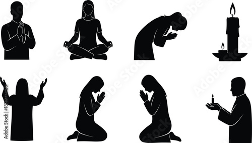 Silhouette of people praying, meditating and worshipping, spiritual activity, religious devotion, peaceful mind, inner peace, candlelight ritual scene